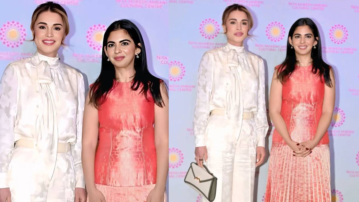 ईशा अंबानी का शाही अंदाज! जॉर्डन की क्वीन रानिया के साथ पीच ड्रेस में दिए पोज, डायमंड इयररिंग्स ने खींचा ध्यान