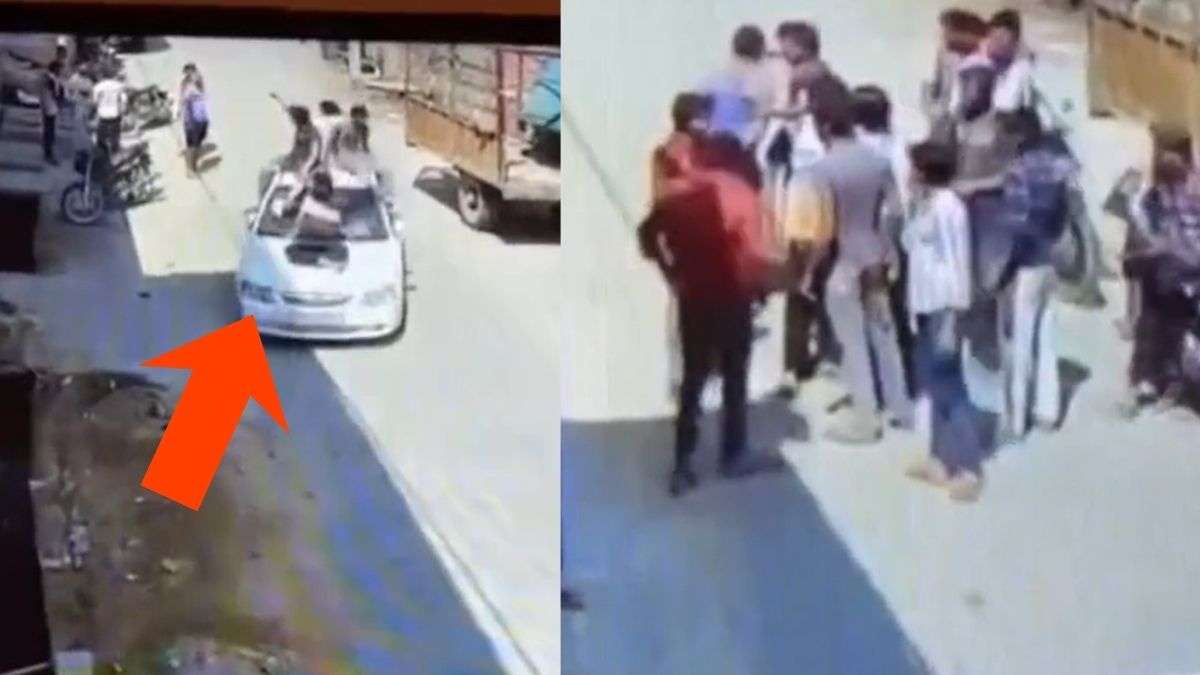 कार की छत पर बैठ फिल्मी स्टाइल में आए दबंग, युवक को घेरकर कर दी लात-घूंसों की बरसात