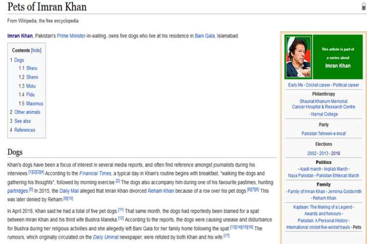 Pakistan: Imran Khan's pet dogs get Wikipedia page, confirms online encyclopedia Pakistan: Imran Khan's pet dogs get Wikipedia page, confirms online encyclopedia- India TV