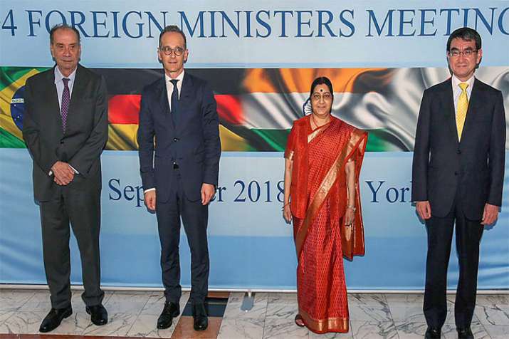 Aloysio Nunes Ferreira, Heiko Maas, Sushma Swaraj and Taro Kono during the G4 Foreign Ministers Meet Aloysio Nunes Ferreira, Heiko Maas, Sushma Swaraj and Taro Kono during the G4 Foreign Ministers Meet- India TV