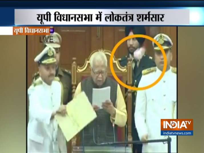 SP members throws paper on Governor Ram Naik in Uttar Pradesh Assembly SP members throws paper on Governor Ram Naik in Uttar Pradesh Assembly- India TV
