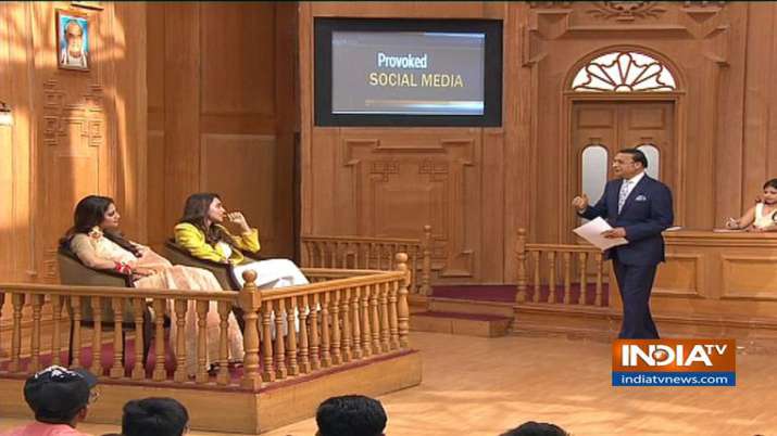 Trinamool actor-turned-MPs Nusrat Jahan and Mimi Chakraborty in 'Aap Ki Adalat' show Trinamool actor-turned-MPs Nusrat Jahan and Mimi Chakraborty in 'Aap Ki Adalat' show- India TV