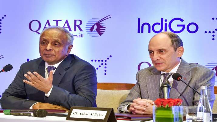 IndiGo CEO Ronojoy Dutta (L) with Qatar Airways' CEO Akbar Al Bake during a business announcement of IndiGo CEO Ronojoy Dutta (L) with Qatar Airways' CEO Akbar Al Bake during a business announcement of- India TV Paisa