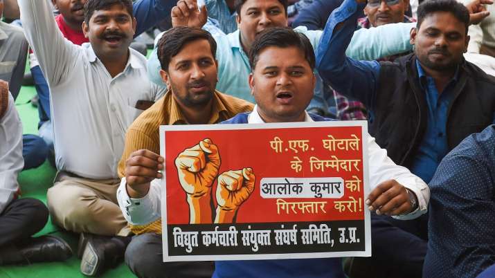 UPPCL employees raise slogans as they began their 48-hour work boycott, in Lucknow. UPPCL employees raise slogans as they began their 48-hour work boycott, in Lucknow.- India TV